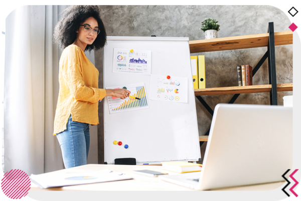 Woman showing data in virtual meeting